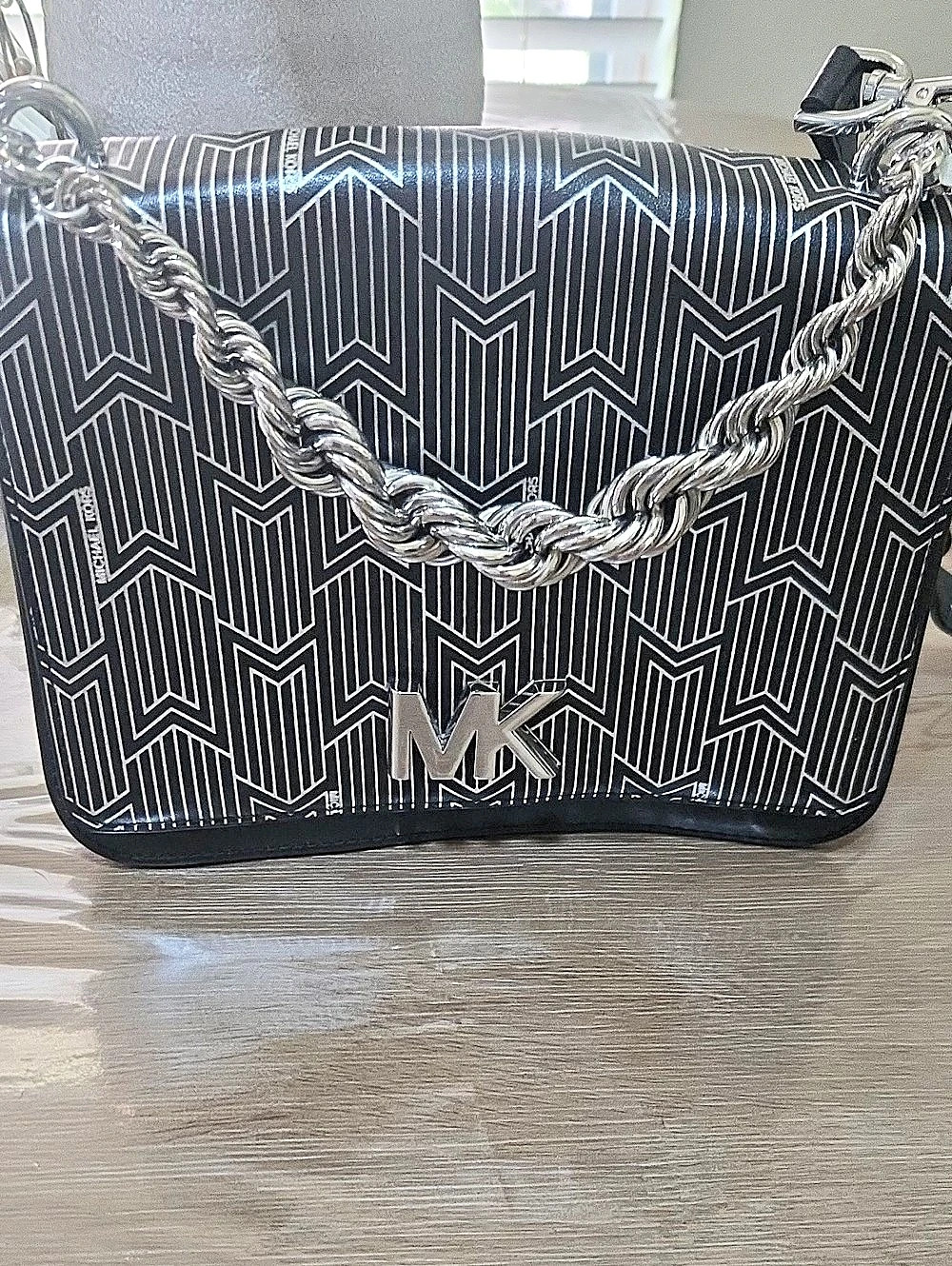 Michael Kors Geometric Chain Shoulder Bag in Black & Silver